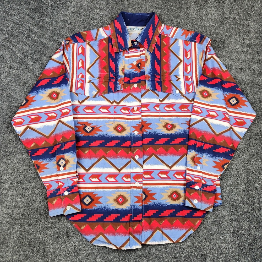 Vintage Peco's Blue Shirt Mens Medium Multicolor Western Aztec‎ Southwestern 90s
